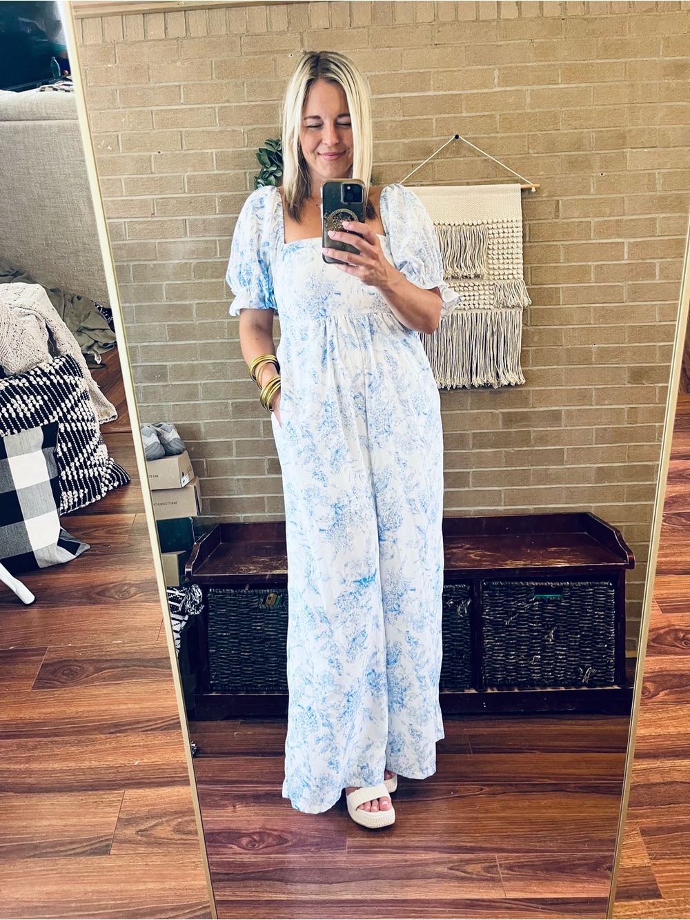 Blue & White Puff-Sleeve Toile Maxi Dress